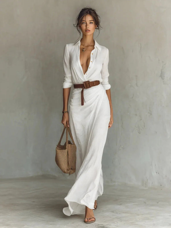 Willow | Elegant White Long Sleeve Belted Maxi Dress - White - 1