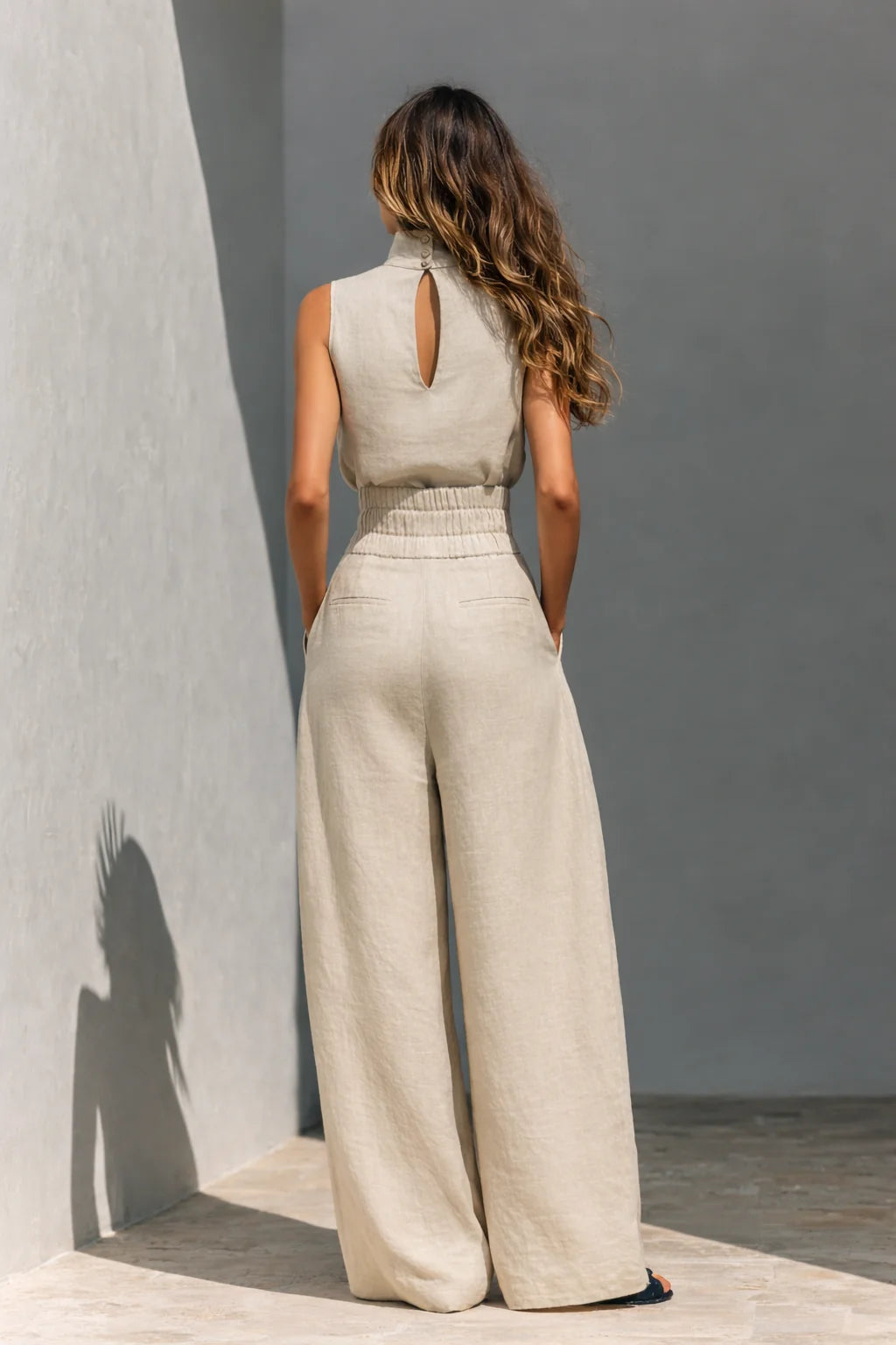 Khaki Women's Wide-Leg Linen Pants Set — Nala Sleeveless High-Neck Pleated - Back Full