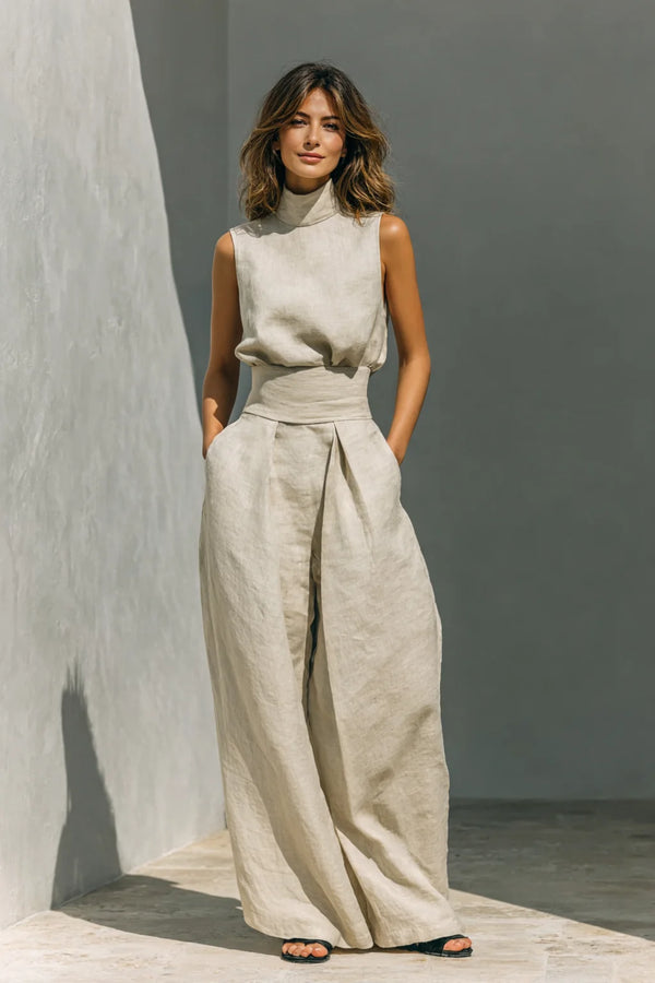 Khaki Women's Wide-Leg Linen Pants Set — Nala Sleeveless High-Neck Pleated - Front Full