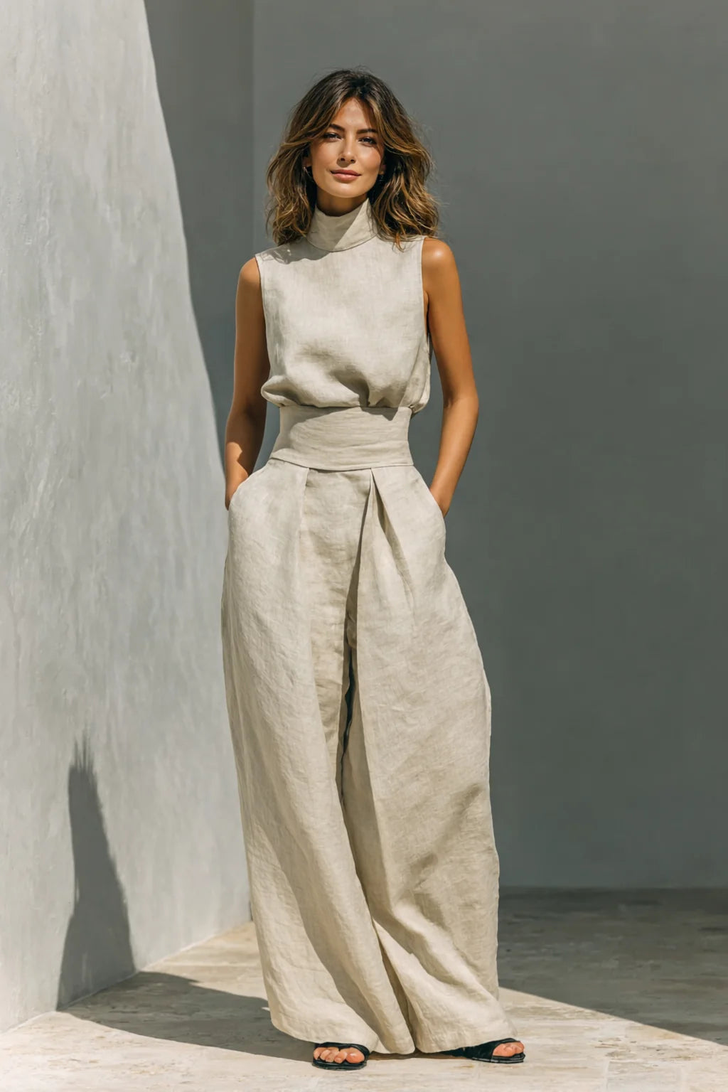 Khaki Women's Wide-Leg Linen Pants Set — Nala Sleeveless High-Neck Pleated - Front Full
