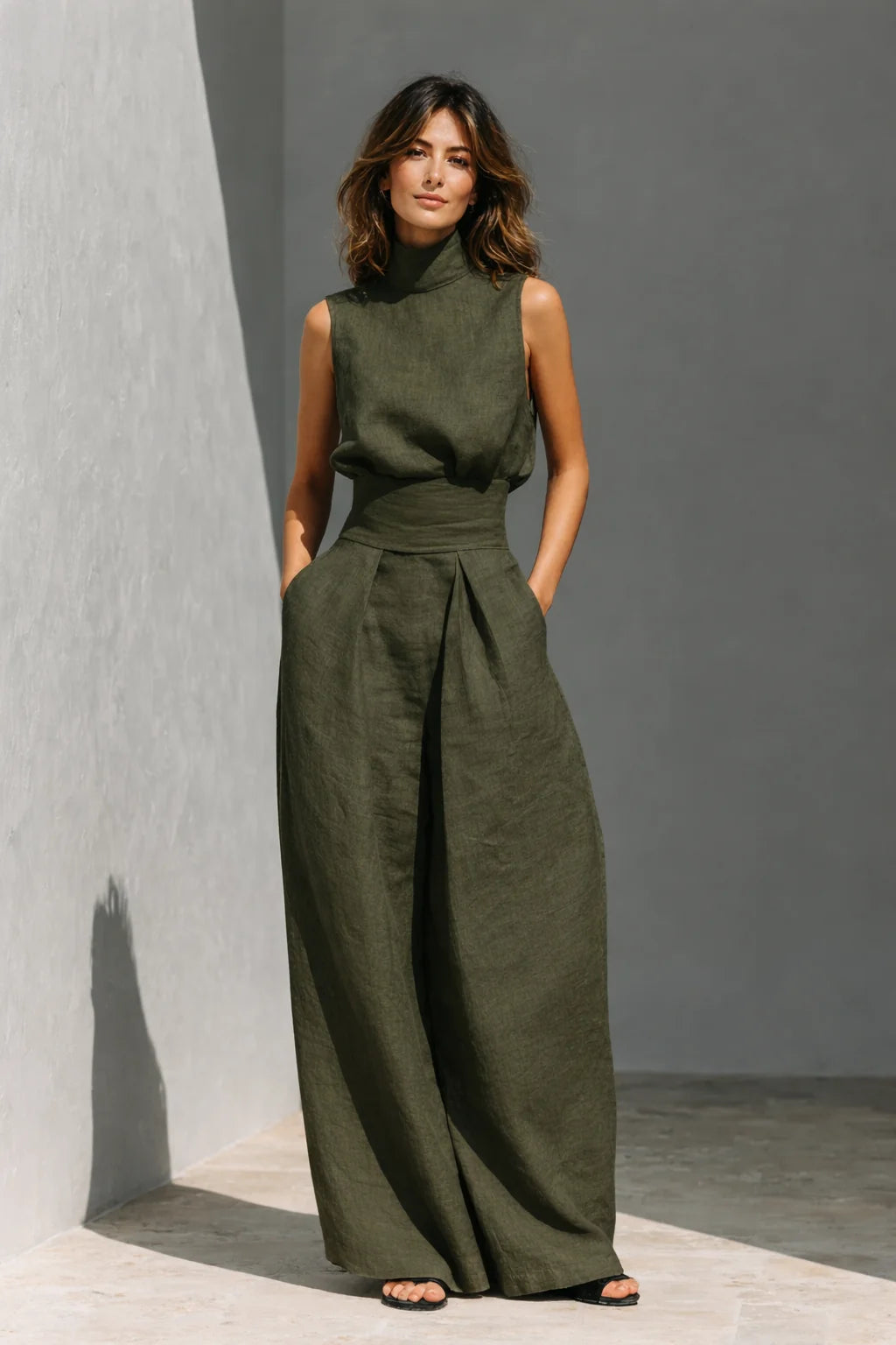 Military Green Women's Wide-Leg Linen Pants Set — Nala Sleeveless High-Neck Pleated - Front Styled