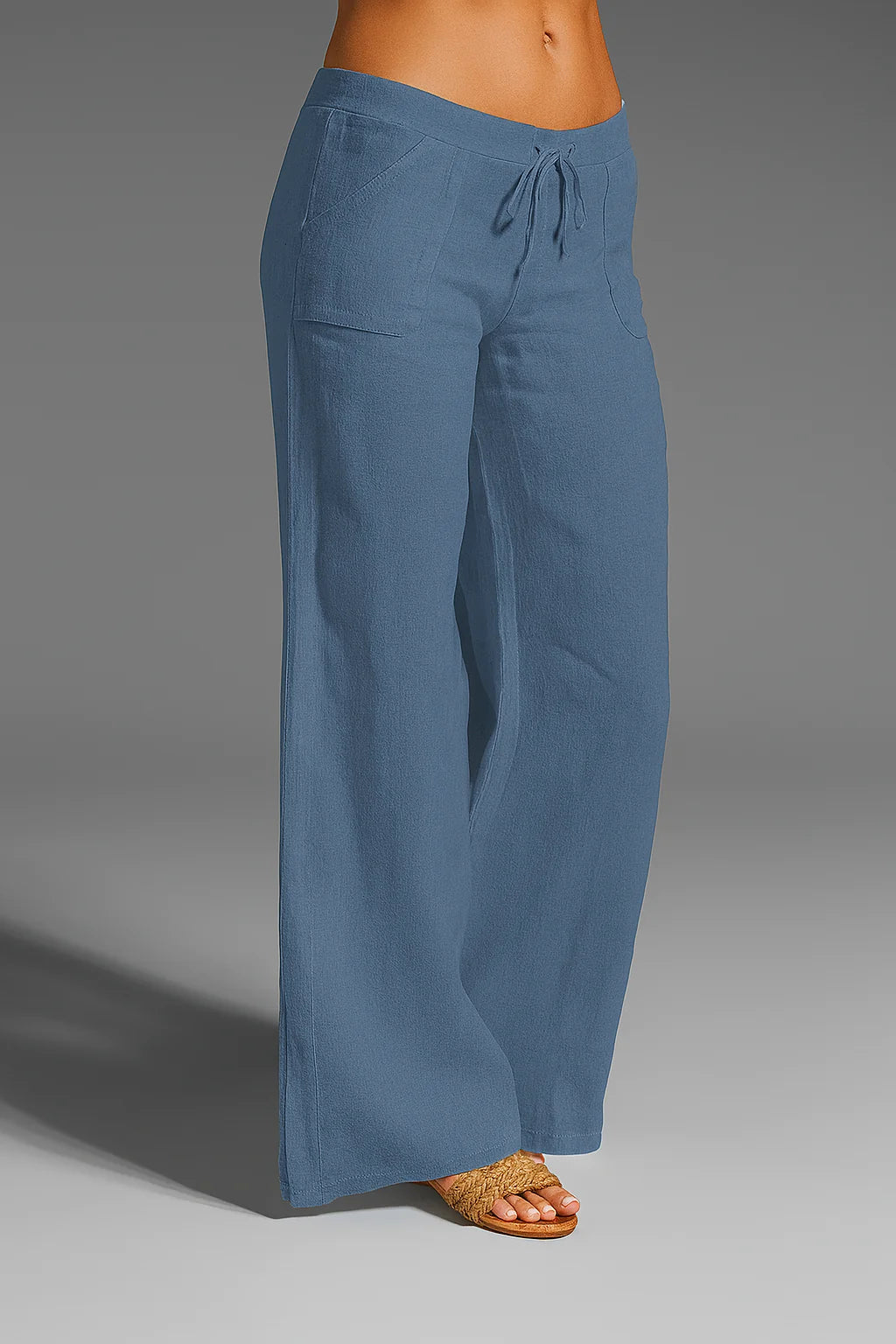 Blue Women's Wide-Leg Linen Pants — Paige Drawstring Breathable Relaxed - Side Pose