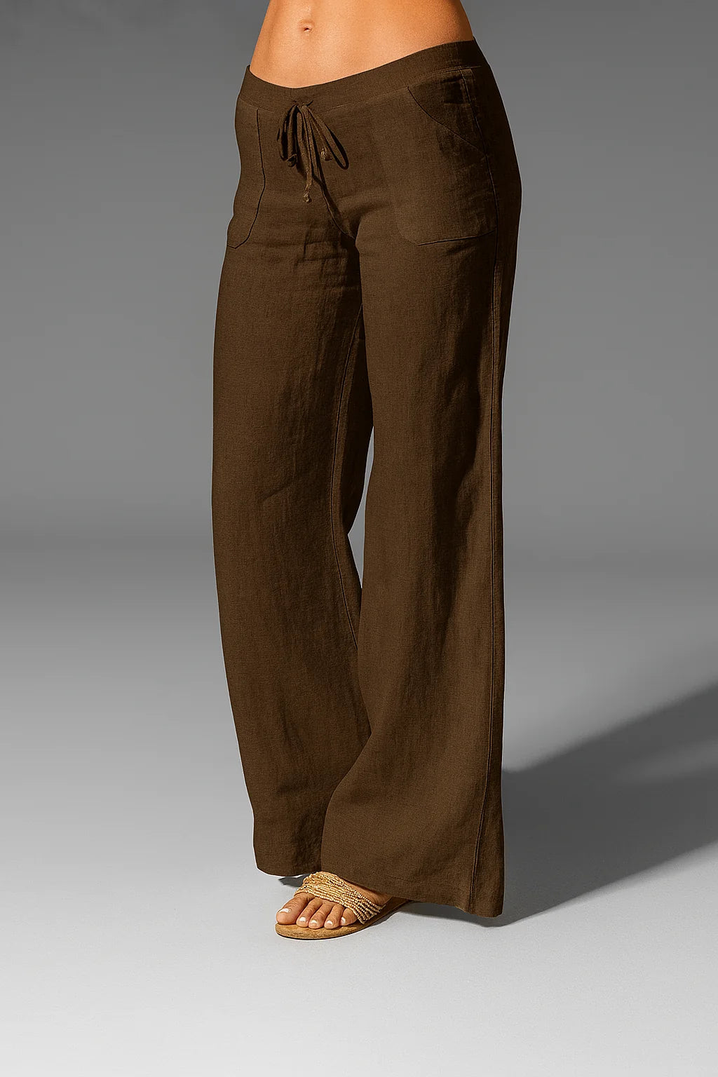 Brown Women's Wide-Leg Linen Pants — Paige Drawstring Breathable Relaxed - Front Stance