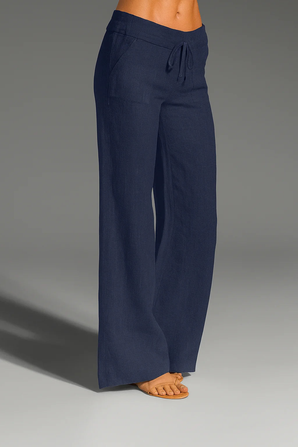 Navy Blue Women's Wide-Leg Linen Pants — Paige Drawstring Breathable Relaxed - Front Angle
