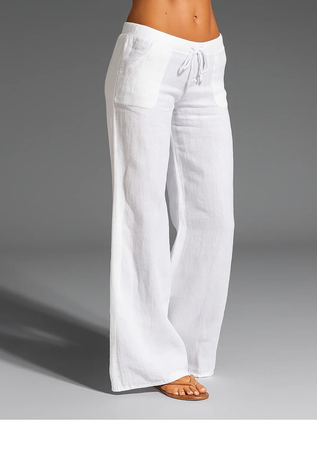 White Women's Wide-Leg Linen Pants — Paige Drawstring Breathable Relaxed - Front Full