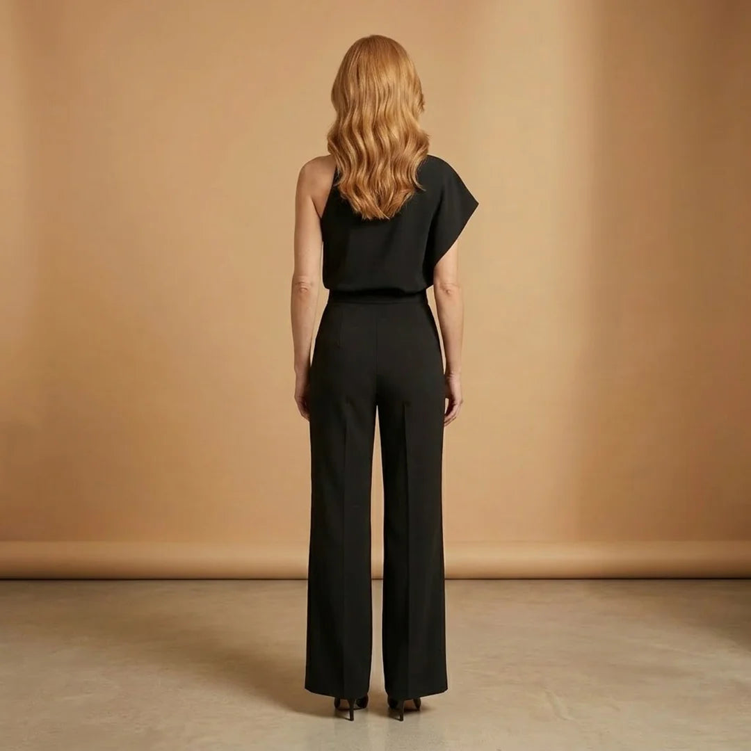 Black Women's Wide-Leg Jumpsuit — Scarlett Mock Neck Asymmetric Draped - Back Full