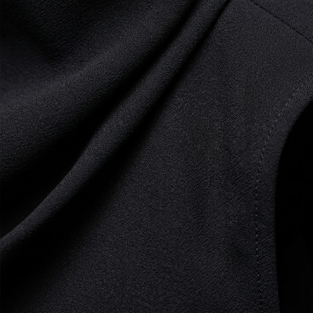 Black Women's Wide-Leg Jumpsuit — Scarlett Mock Neck Asymmetric Draped - Fabric Close Up