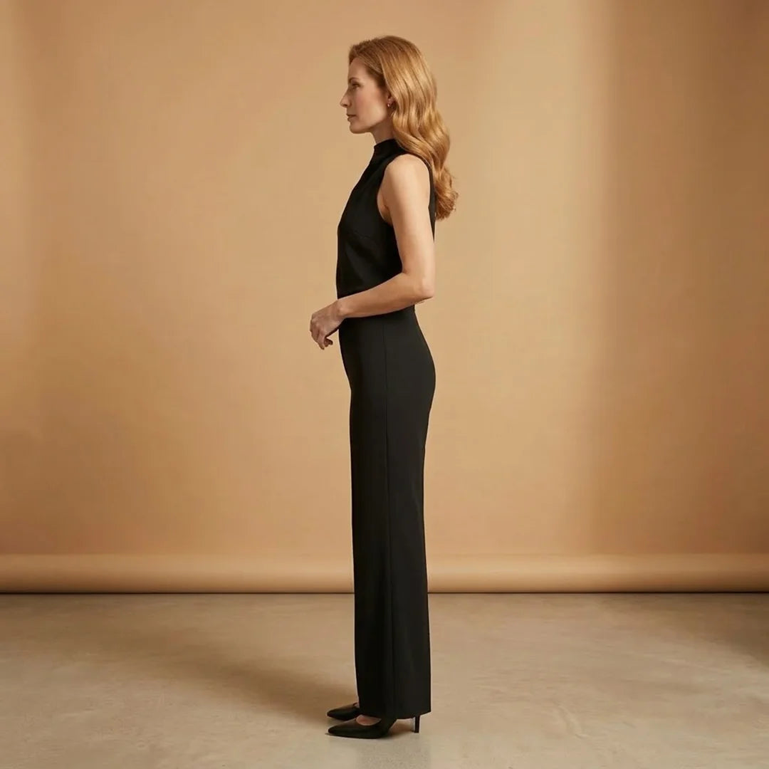 Black Women's Wide-Leg Jumpsuit — Scarlett Mock Neck Asymmetric Draped - Side Profile