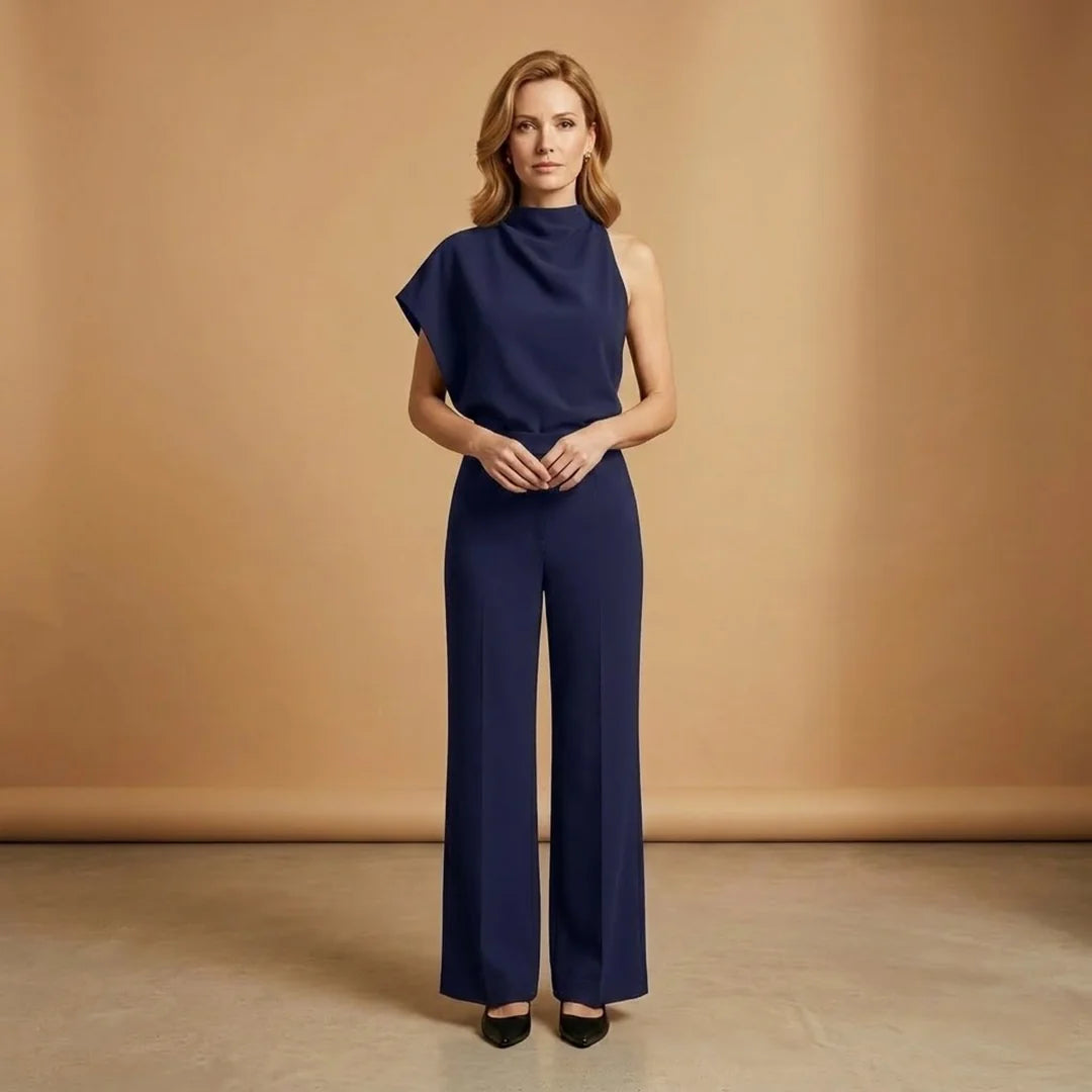 Deep Women's Wide-Leg Jumpsuit — Scarlett Mock Neck Asymmetric Draped - Blue Front