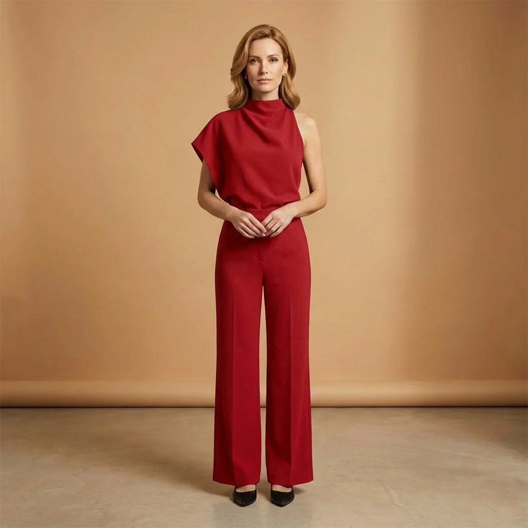 Red Women's Wide-Leg Jumpsuit — Scarlett Mock Neck Asymmetric Draped - Front Crimson
