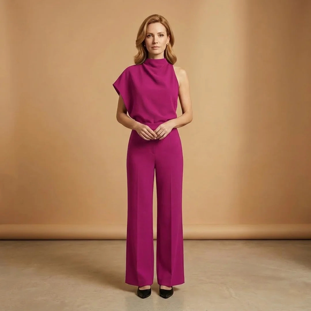Rose Women's Wide-Leg Jumpsuit — Scarlett Mock Neck Asymmetric Draped - Red Front Bright