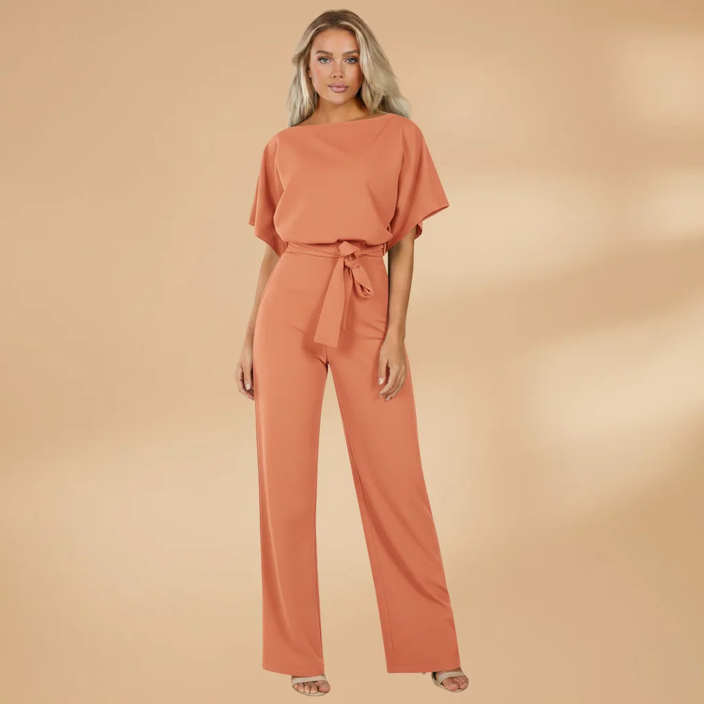 Apricot Women's Wide-Leg Jumpsuit — Cora Tie Belt Boat Neck Flutter Sleeve - Front Full