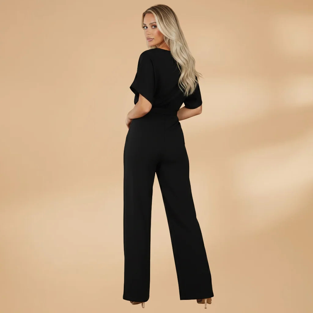 Black Women's Wide-Leg Jumpsuit — Cora Tie Belt Boat Neck Flutter Sleeve - Back Detail