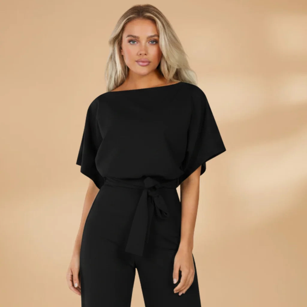 Black Women's Wide-Leg Jumpsuit — Cora Tie Belt Boat Neck Flutter Sleeve - Close Up Neckline