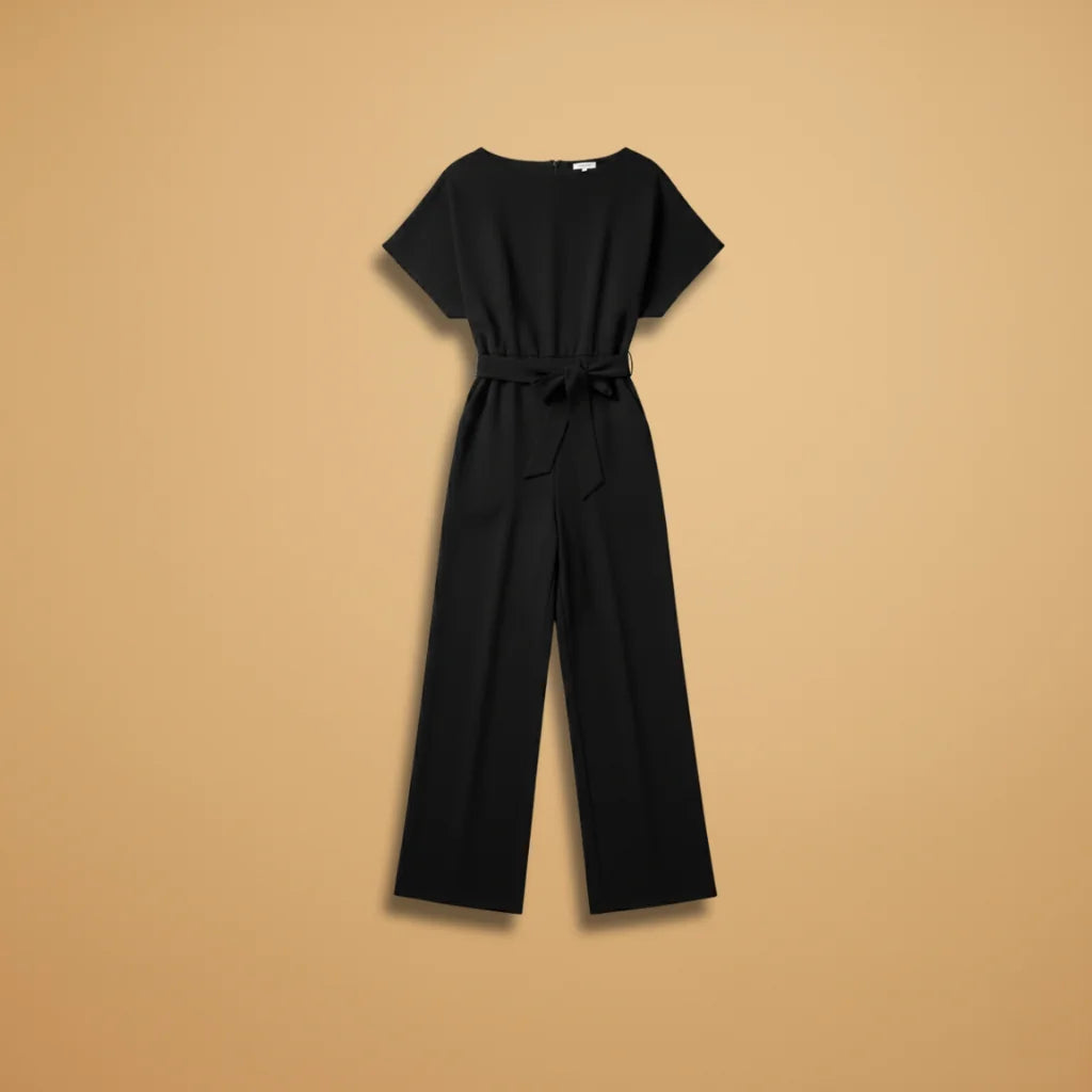 Black Women's Wide-Leg Jumpsuit — Cora Tie Belt Boat Neck Flutter Sleeve - Flat Lay