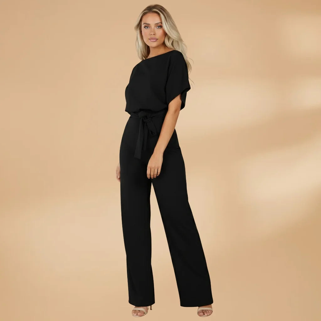 Black Women's Wide-Leg Jumpsuit — Cora Tie Belt Boat Neck Flutter Sleeve - Side Pose