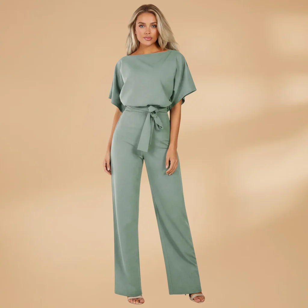 Green Women's Wide-Leg Jumpsuit — Cora Tie Belt Boat Neck Flutter Sleeve - Front Full