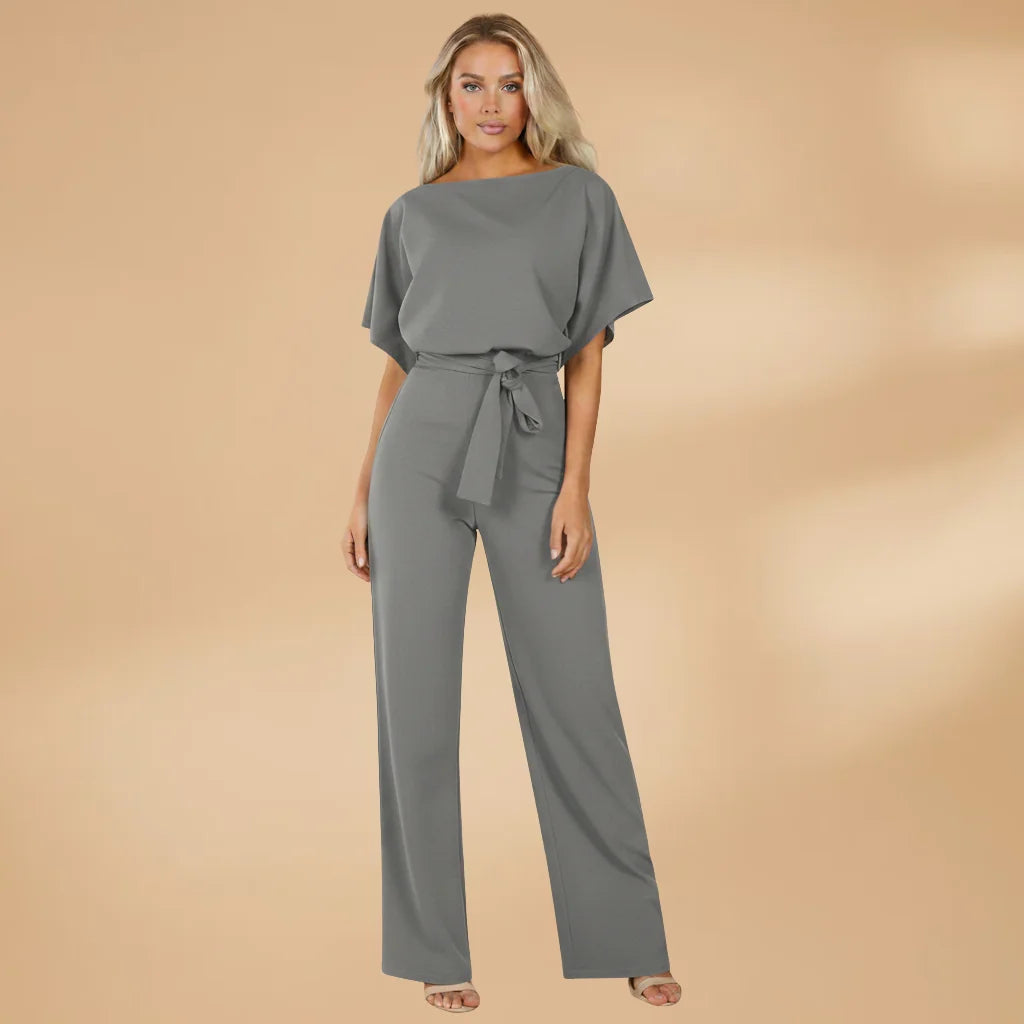 Grey Women's Wide-Leg Jumpsuit — Cora Tie Belt Boat Neck Flutter Sleeve - Front Full