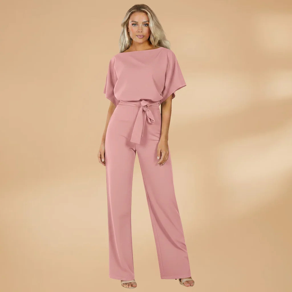 Pink Women's Wide-Leg Jumpsuit — Cora Tie Belt Boat Neck Flutter Sleeve - Front Full