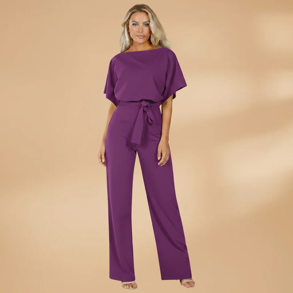 Purple Women's Wide-Leg Jumpsuit — Cora Tie Belt Boat Neck Flutter Sleeve - Front Full