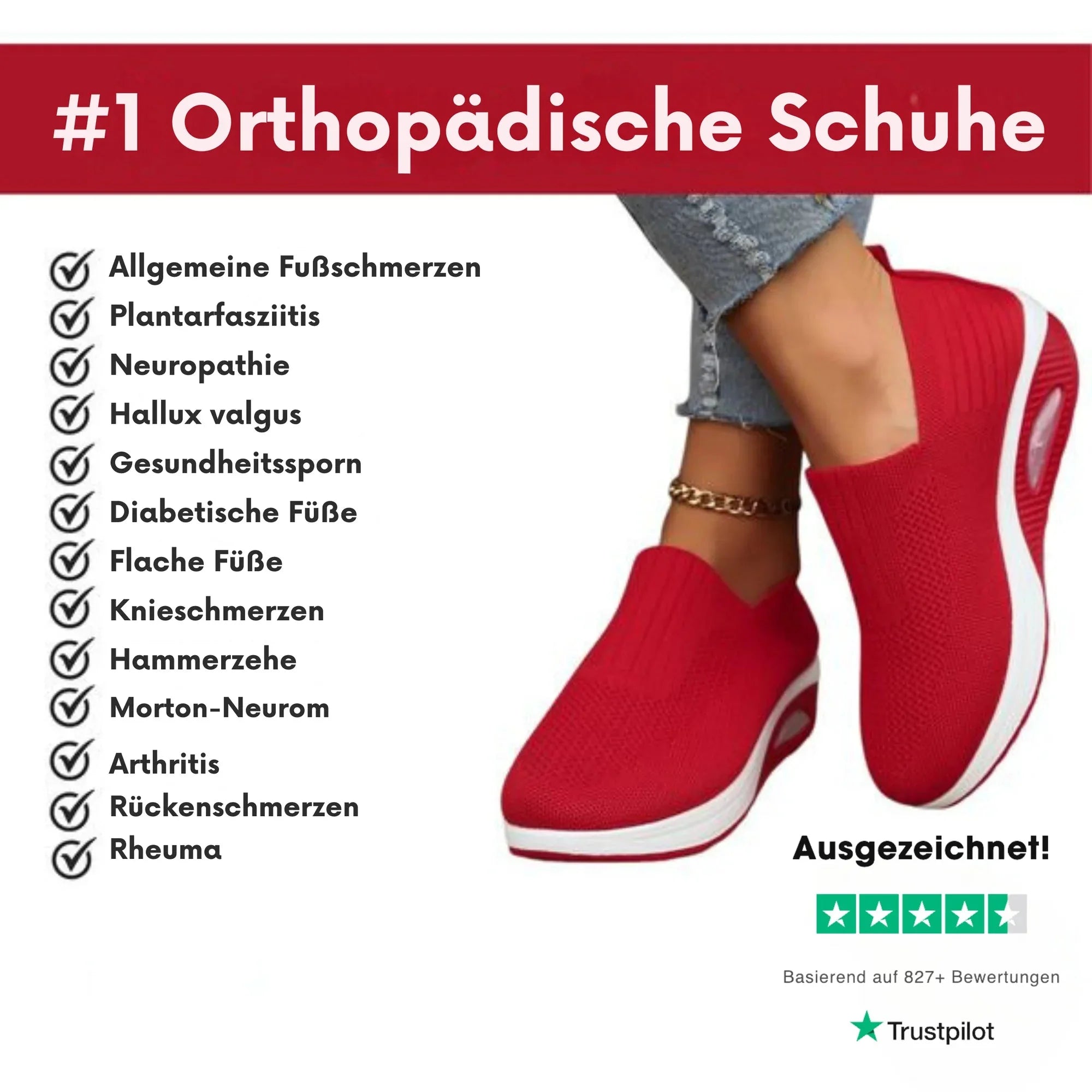 Red Women's Orthopedic Slip-On Shoes — Dora Cushioned Breathable Lightweight - Benefits Chart
