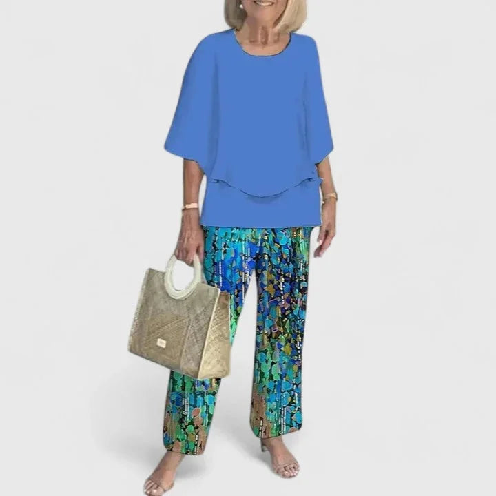 Blue Women's Two Piece Overlay Set — Romy Chiffon Top Palazzo - Coordinated Set