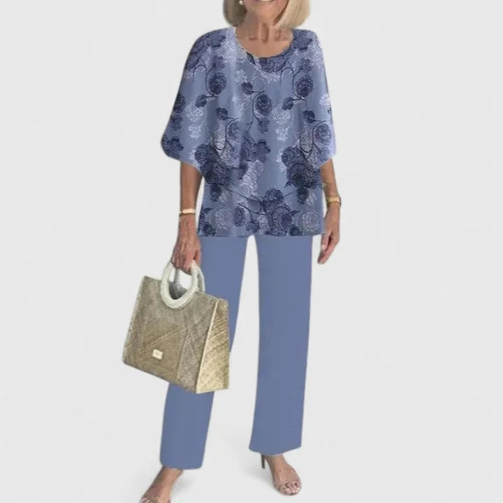 Blue Women's Two Piece Overlay Set — Romy Chiffon Top Palazzo - Floral Print