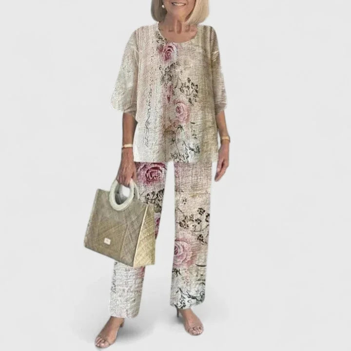 Floral Women's Two Piece Overlay Set — Romy Chiffon Top Palazzo - Vintage Print