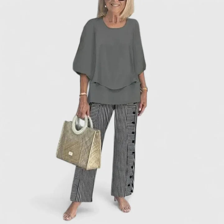 Gray Women's Two Piece Overlay Set — Romy Chiffon Top Palazzo - Striped Detail