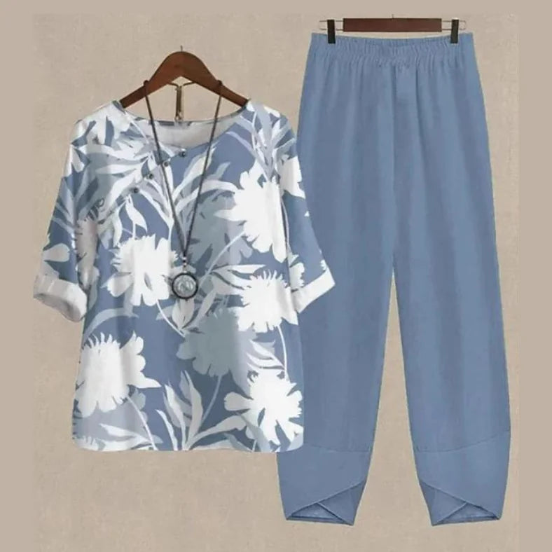 Light Blue Women's Two Piece Summer Set — Carolina Butterfly Casual Breathable - Floral Detail