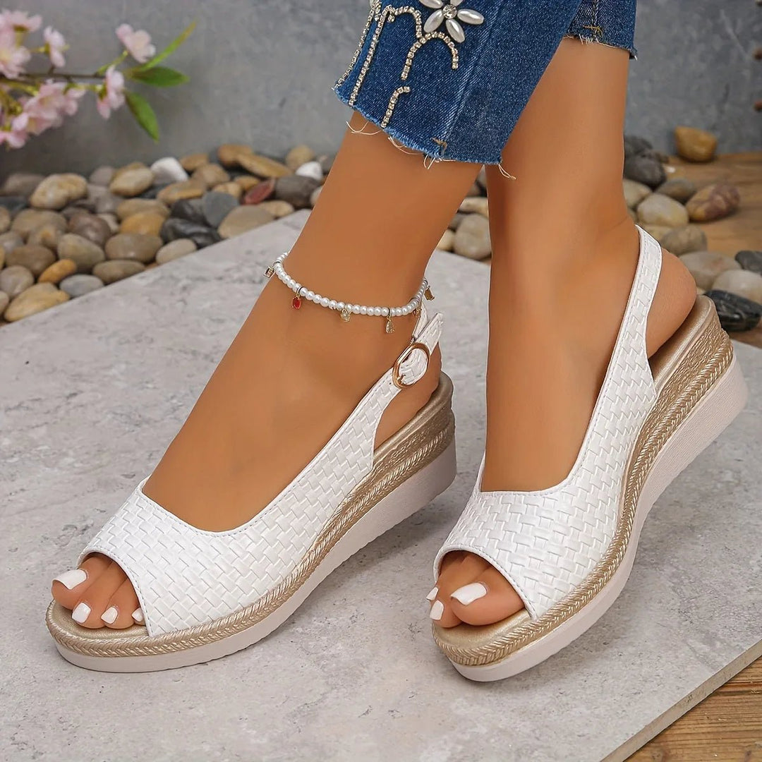 Serena | Chic Woven Slingback White Wedge Sandals - White - 4