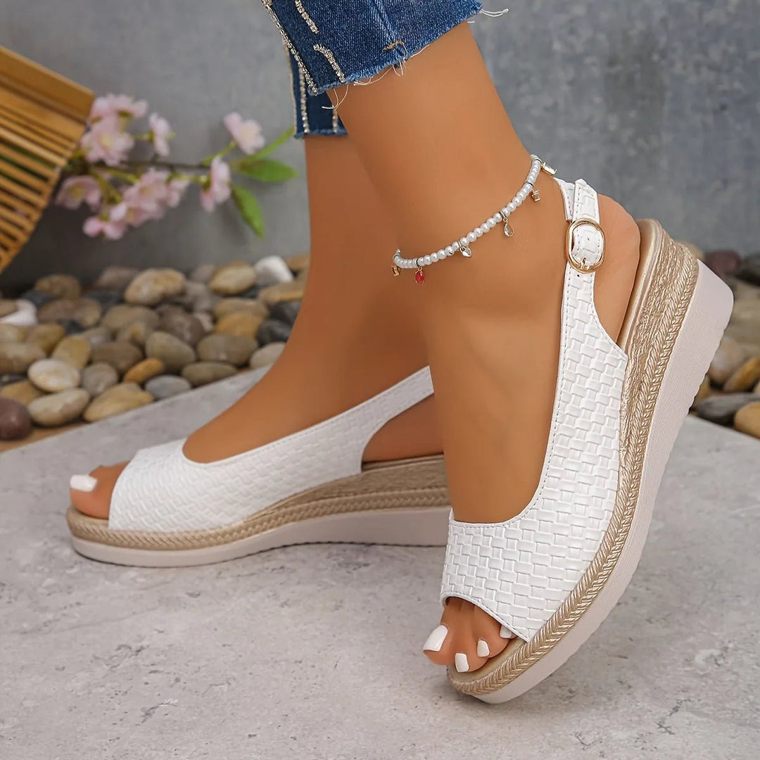 Serena | Chic Woven Slingback White Wedge Sandals - White - 3