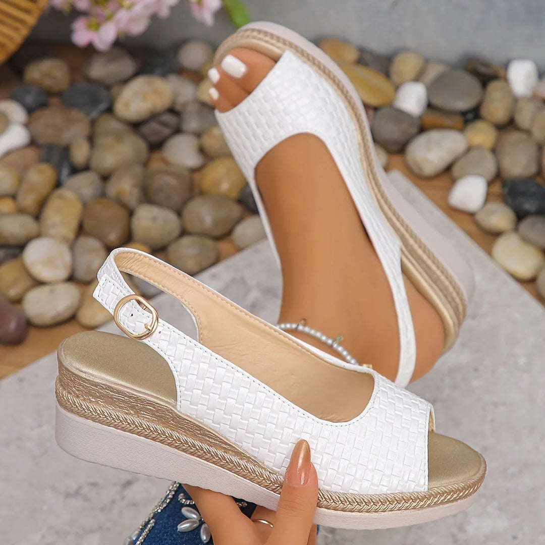 Serena | Chic Woven Slingback White Wedge Sandals - White - 6