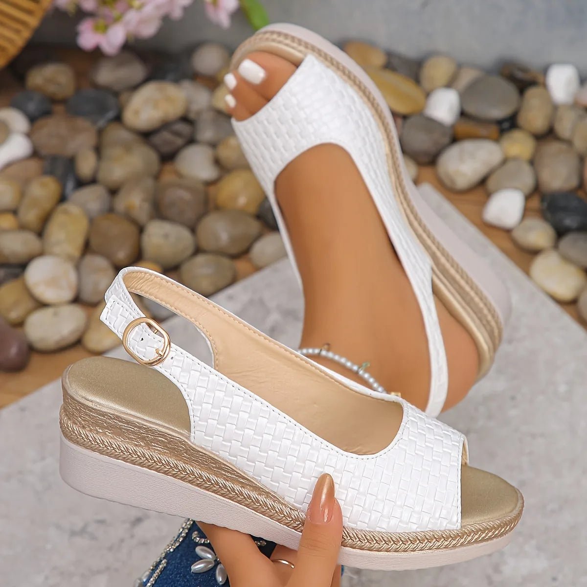 Serena | Chic Woven Slingback White Wedge Sandals - White - 6