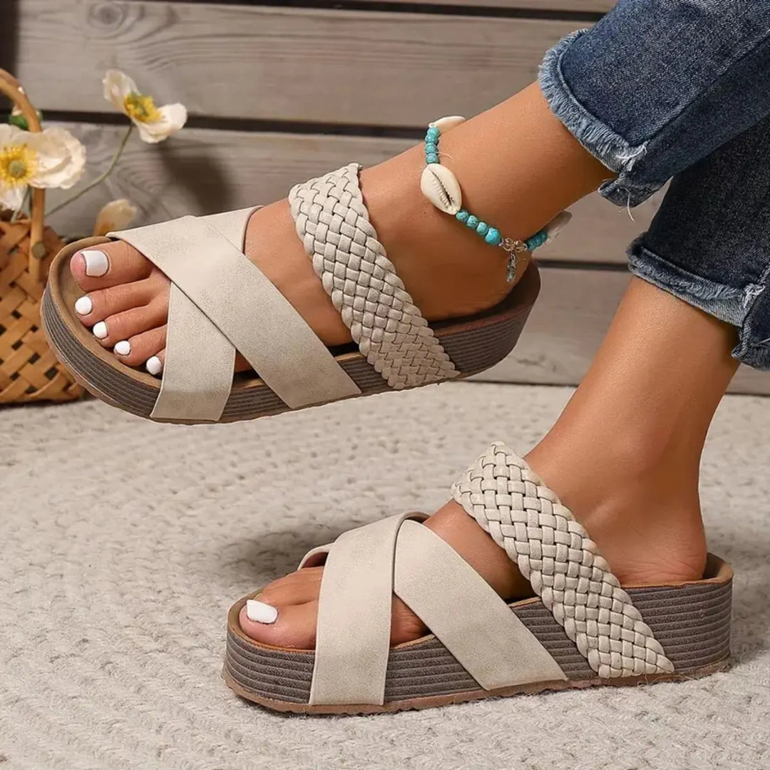 Beige Women's Woven Strap Platform Sandals — Eleanor Orthopedic Slip-On - Side Detail