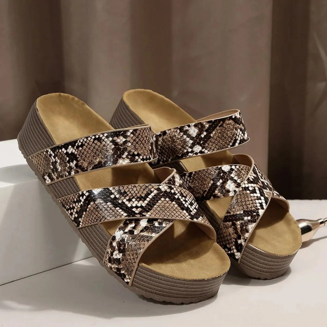 Brown Women's Woven Strap Platform Sandals — Eleanor Orthopedic Slip-On - Snake Print Studio Flat