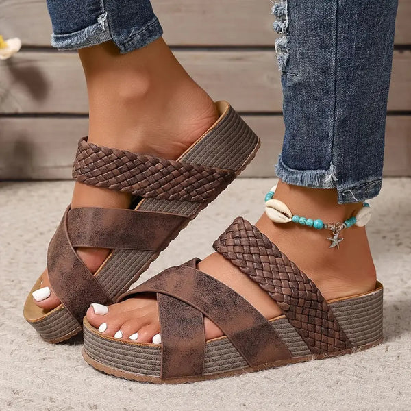 Brown Women's Woven Strap Platform Sandals — Eleanor Orthopedic Slip-On - Worn Lifestyle
