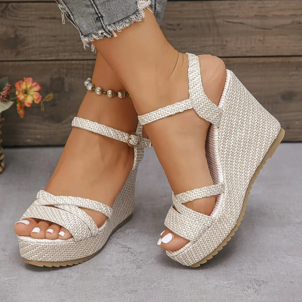 White Women's White Platform Sandals — Blakely Woven Strap Wedge - Front Full