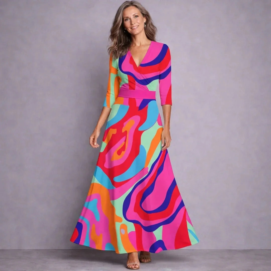 Multi Color Women's Floral V-Neck Maxi Dress — Nell Wrap Three-Quarter Sleeve - Studio White