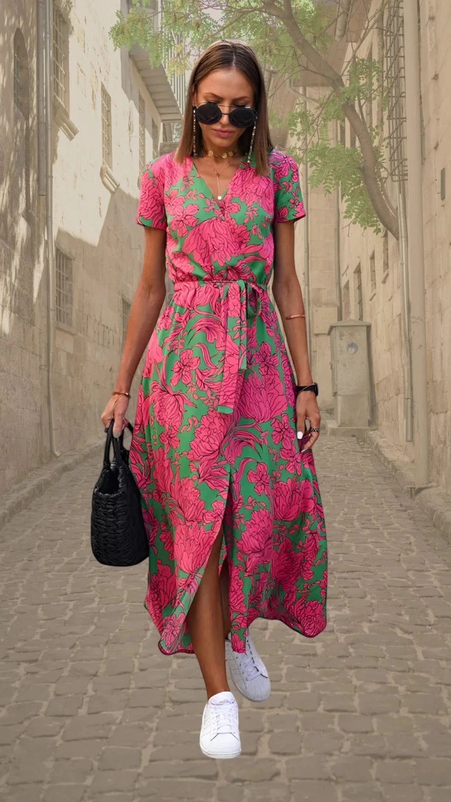 Esme | Elegant Floral Wrap Maxi Dress - Pink - 9