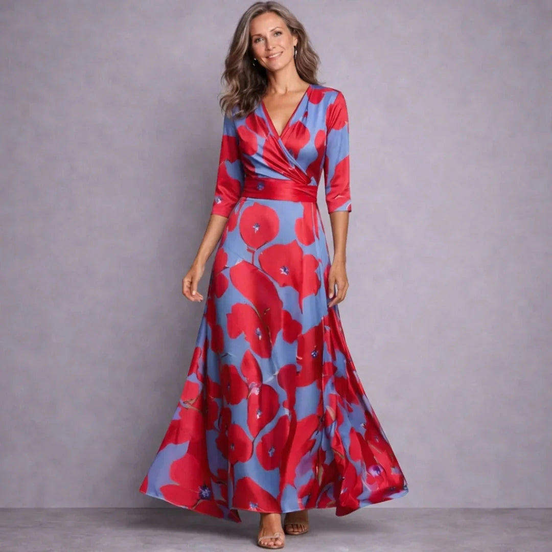 Redblue Women's Floral V-Neck Maxi Dress — Nell Wrap Three-Quarter Sleeve - Worn Lifestyle