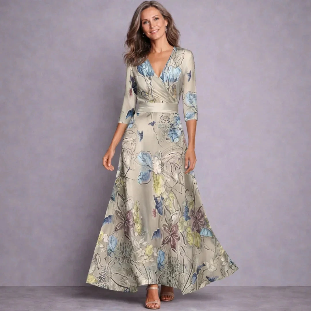 Sandbeige Women's Floral V-Neck Maxi Dress — Nell Wrap Three-Quarter Sleeve - Side Pose