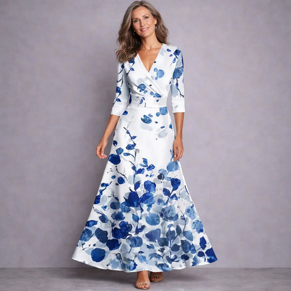 Whiteblue Women's Floral V-Neck Maxi Dress — Nell Wrap Three-Quarter Sleeve - Front Full