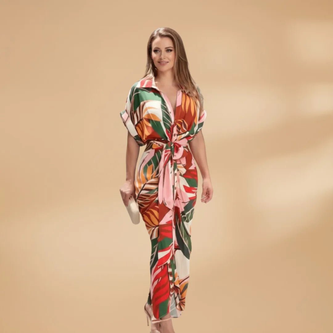 Rhea | Elegant Wrap Midi Dress with Belt - Floral - 7
