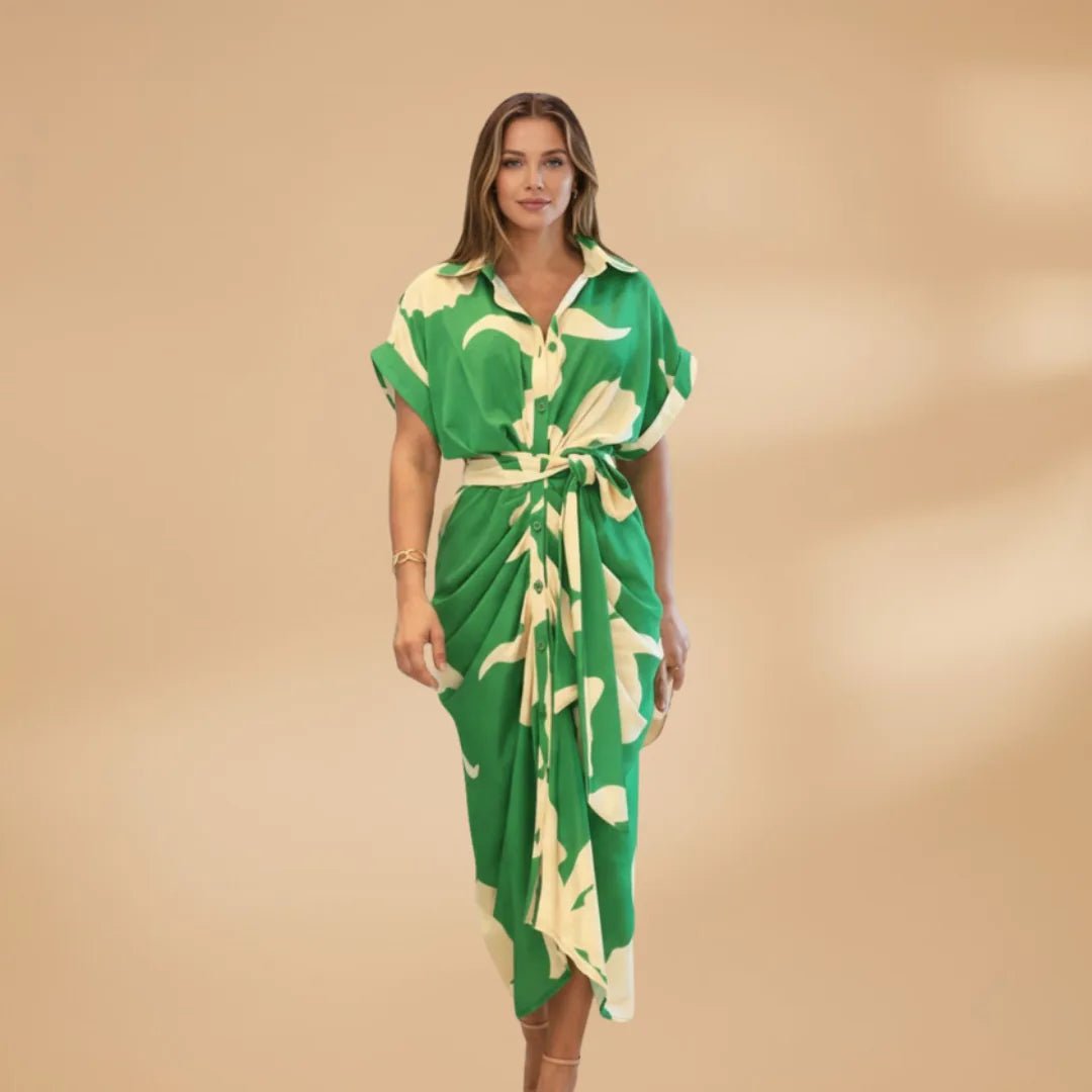 Rhea | Elegant Wrap Midi Dress with Belt - Green - 2