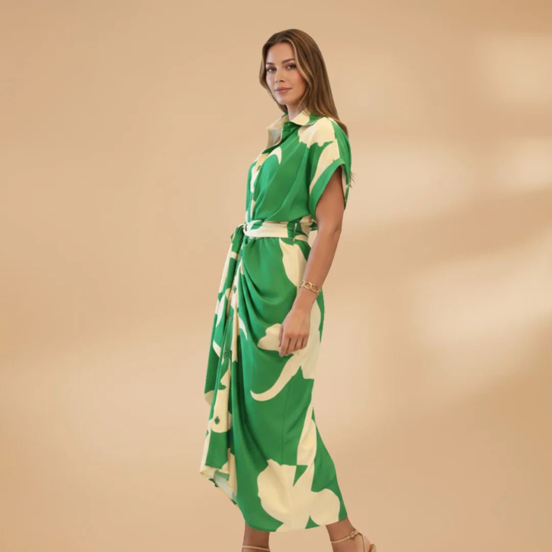Rhea | Elegant Wrap Midi Dress with Belt - Green - 3