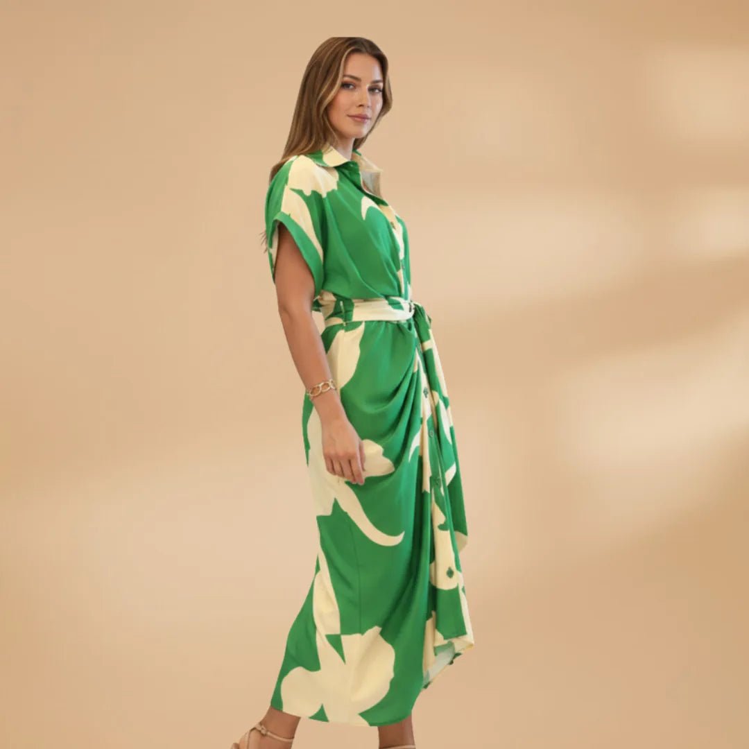 Rhea | Elegant Wrap Midi Dress with Belt - Green - 4