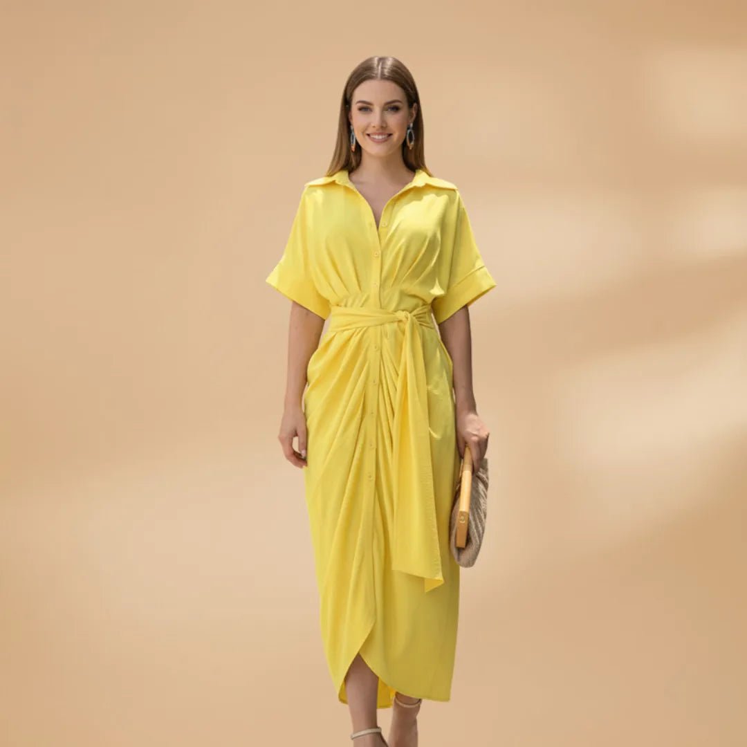 Rhea | Elegant Wrap Midi Dress with Belt - Yellow - 9