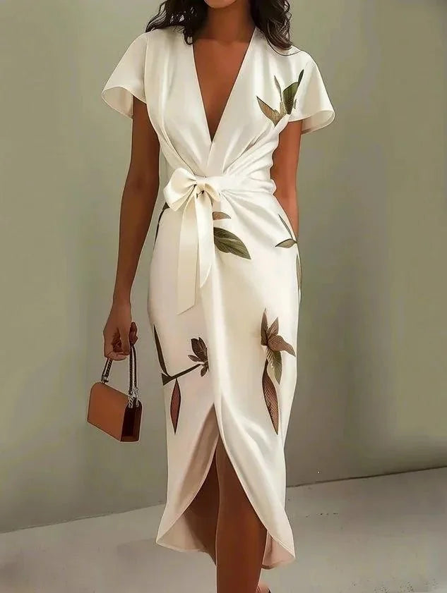 Cream Women's Long Sleeve Wrap Midi Dress — Cherie Floral Tie Waist - Side Pose
