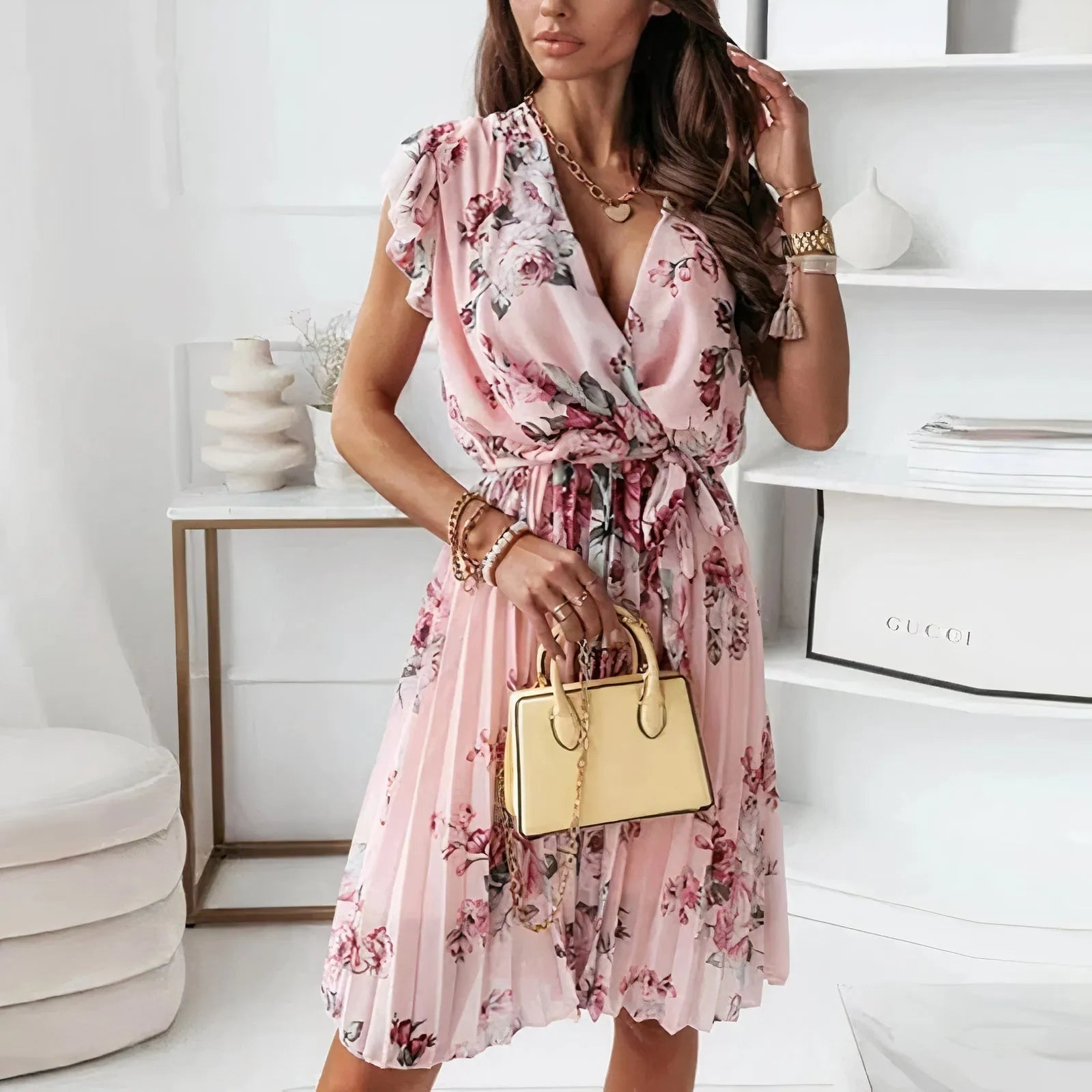 Pink Women's Summer Floral Midi Dress — Dolly Ruffled Wrap Pleated - Front Pose